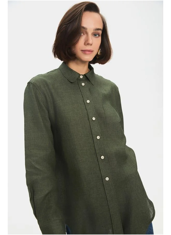 جون June Women Regular Fit 100% Linen Shirt Khaki