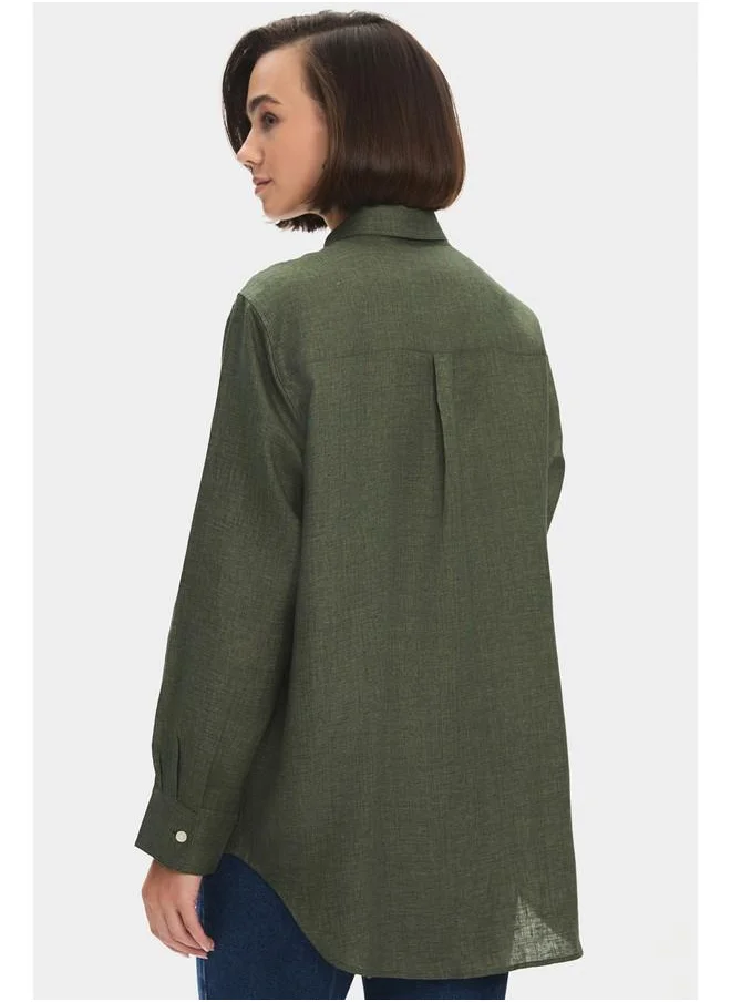 جون June Women Regular Fit 100% Linen Shirt Khaki