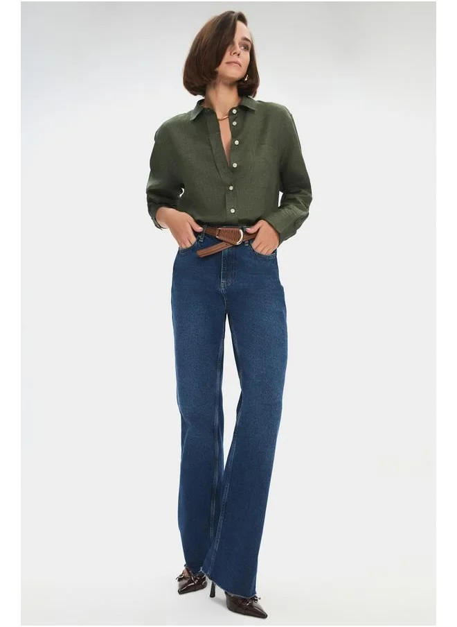 جون June Women Regular Fit 100% Linen Shirt Khaki