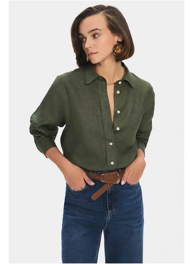 جون June Women Regular Fit 100% Linen Shirt Khaki
