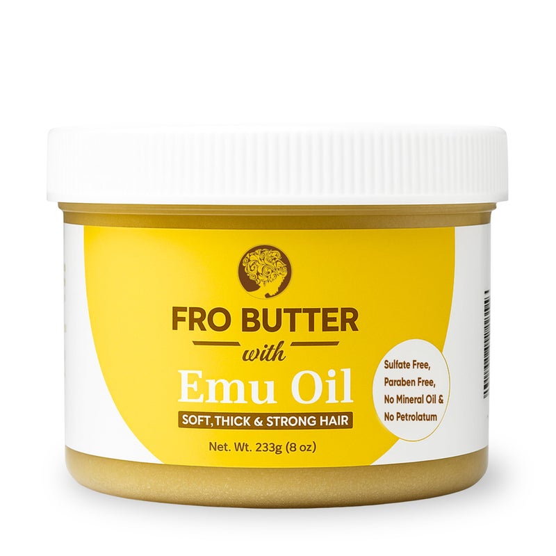 Fro Butter Emu Oil Hair Moisturizer for Black Women & Men | 4C Hair Products | Natural Hair Growth | Organic Ingredients | For Healthier, Stronger, Thicker - Coils, Curls, Edges, & Locs | 8oz Jar - Image 1