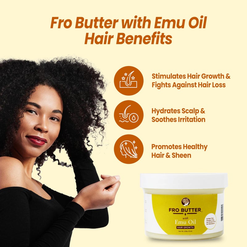 Fro Butter Emu Oil Hair Moisturizer for Black Women & Men | 4C Hair Products | Natural Hair Growth | Organic Ingredients | For Healthier, Stronger, Thicker - Coils, Curls, Edges, & Locs | 8oz Jar - Image 2