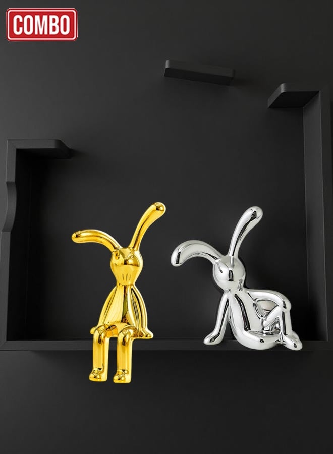 Decorative Rabbit Figurine Combo Set Gold Hanging Leg Bunny and Silver Sitting Bunny Car Dashboard Decor Automotive Interior Ornament Shelf Edge Tabletop Home Office Desk Resin Metallic Finish Mini Showpiece Gift Item - Image 1