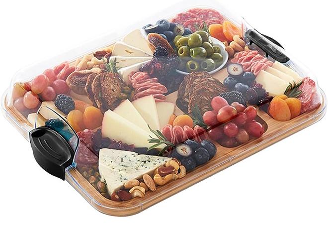 جارلو محمول قطع المجلس مع غطاء للسفر ، الخيزران المطبوخ المجلس مع غطاء حجرة ، لوحة صينية خدمة فورية مع غطاء شفاف قفل لوحة الجبن ، ومناسبة للحفلات نزهة اللحوم والوجبات الخفيفة - Image 1