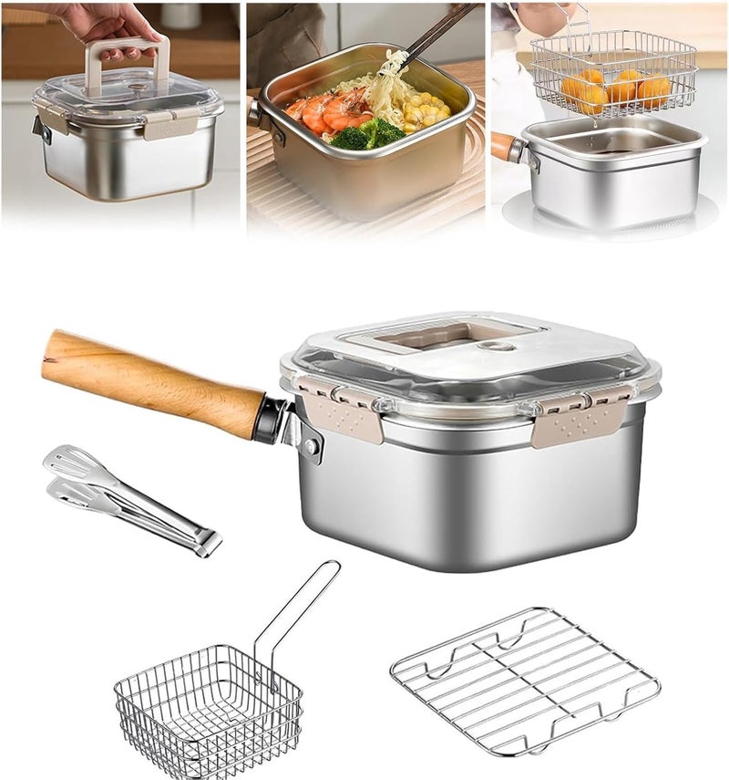 TERRIFI 84oz Stainless Steel Deep Fryer, 2.5L Portable Outdoor Cooking Pot with Basket,Lid,Handle,and Oil Filter Screen,Multi-Functional Food Container,Perfect for Frying Chicken,French Fries,or Noodles - Image 1