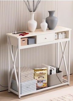 AGD AGD Entryway Console Table with Cabinet, Distinctive Table for Living Room Bedroom 100x30x90cm with Charging Base, Modern Coffee Table with Storage Shelf, Drawers and Power Outlet, White  - Image 1