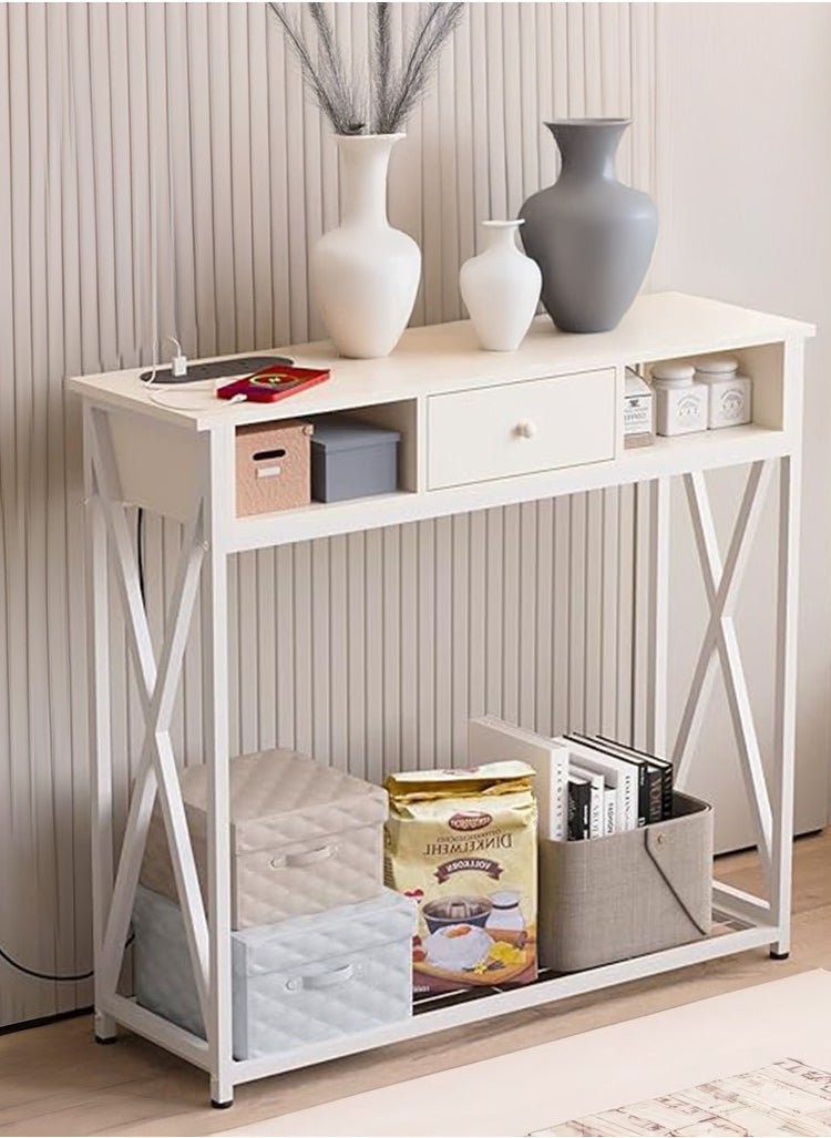 AGD - AGD Entryway Console Table with Cabinet, Distinctive Table for Living Room Bedroom 100x30x90cm with Charging Base, Modern Coffee Table with Storage Shelf, Drawers and Power Outlet, White - Image 1