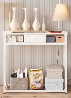 AGD AGD Entryway Console Table with Cabinet, Distinctive Table for Living Room Bedroom 100x30x90cm with Charging Base, Modern Coffee Table with Storage Shelf, Drawers and Power Outlet, White  - Image 4