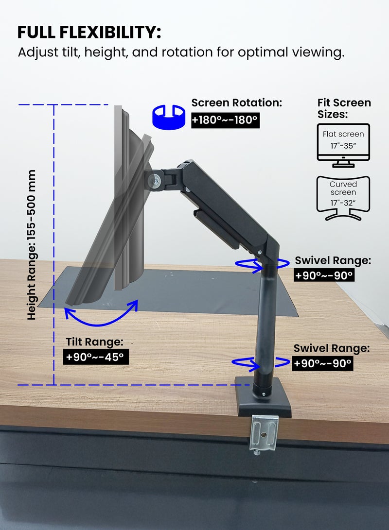 Hi-Tech Monitor Arm Mount (Single Arm Mount), Adjustable Height & Tilt, Quick-Release VESA Panel, Double Stabilisation, Built-In Cable Management, Fits 17''-32'' Screens, Desk C-Clamp & Grommet Base. - Image 5