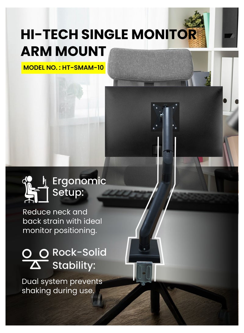 Hi-Tech Monitor Arm Mount (Single Arm Mount), Adjustable Height & Tilt, Quick-Release VESA Panel, Double Stabilisation, Built-In Cable Management, Fits 17''-32'' Screens, Desk C-Clamp & Grommet Base. - Image 4