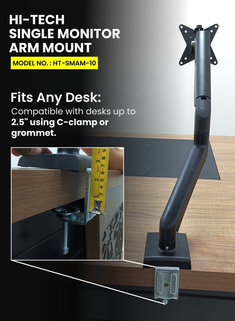 هاي-تيك حامل شاشة أحادي HI-TECH - ارتفاع وميل قابلان للتعديل، لوحة VESA سريعة التحرير، تثبيت مزدوج، إدارة كابلات مدمجة، يناسب الشاشات مقاس 17-32 بوصة، مشبك C للمكتب وقاعدة حلقية - Image 3