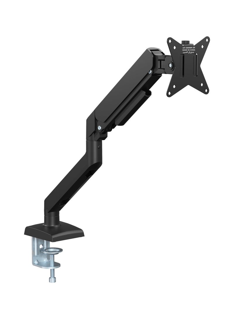 هاي-تيك حامل شاشة أحادي HI-TECH - ارتفاع وميل قابلان للتعديل، لوحة VESA سريعة التحرير، تثبيت مزدوج، إدارة كابلات مدمجة، يناسب الشاشات مقاس 17-32 بوصة، مشبك C للمكتب وقاعدة حلقية - Image 1