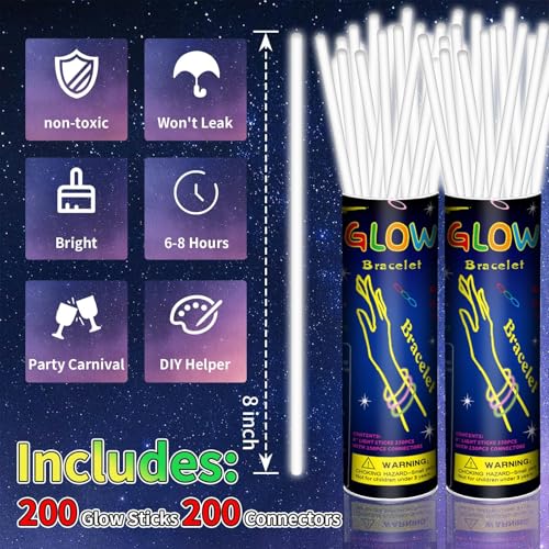Taikula 200 Pack 8 Glow Sticks Bulk Party Favors White Light Up Sticks with Connectors Neon Glow in the Dark Party Supplies Bracelets for Holiday Birthday Party DecorationWhite - Image 5