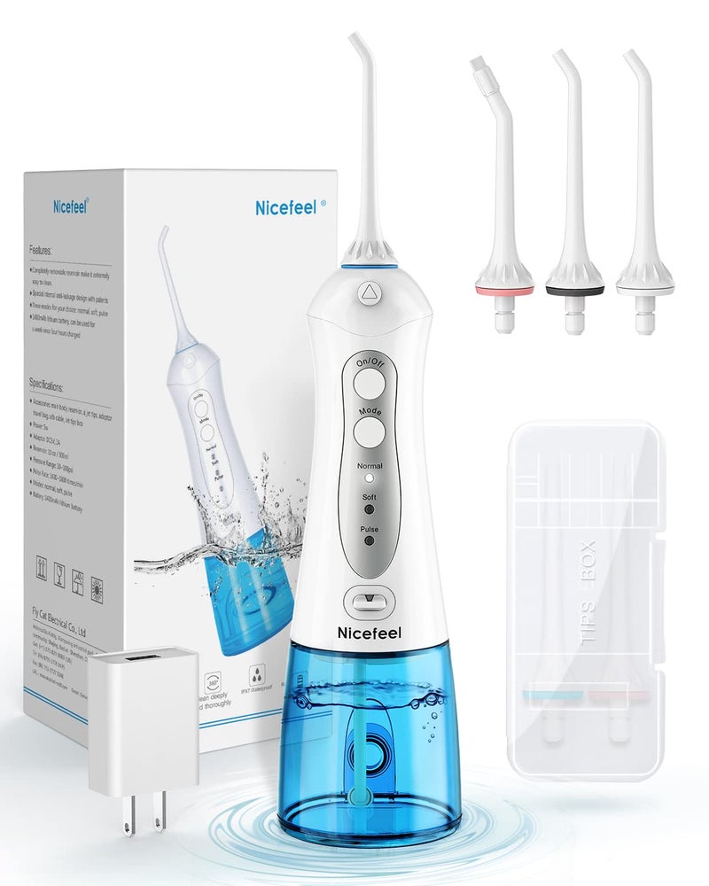 Nicefeel Cordless and Rechargeable Water Flosser - 300ML Water Tank Oral Irrigator, 4 Jet Tips, 3 Pressure Modes - IPX7 Waterproof and Travel Friendly for Dental Care Black - Image 1