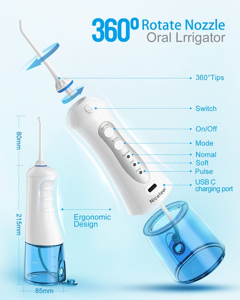 Nicefeel Cordless and Rechargeable Water Flosser - 300ML Water Tank Oral Irrigator, 4 Jet Tips, 3 Pressure Modes - IPX7 Waterproof and Travel Friendly for Dental Care Black - Image 4