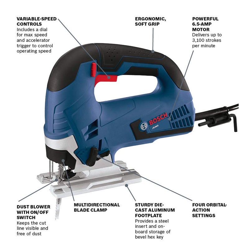 BOSCH JS365 120V 6.5 Amp Top-Handle Jigsaw Kit Variable Speed, 45 Degree Bevel Cuts, Up to 3,000 SPM - Image 2
