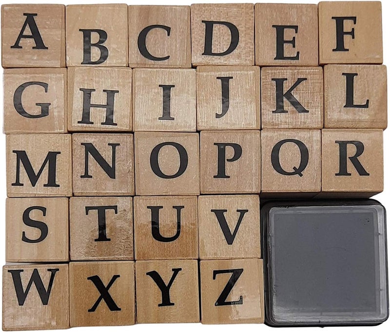 Oytra Stamps Wooden Capital Alphabet Letters Rubber Stamp with Ink Pad for Journaling journalling Black - Image 1