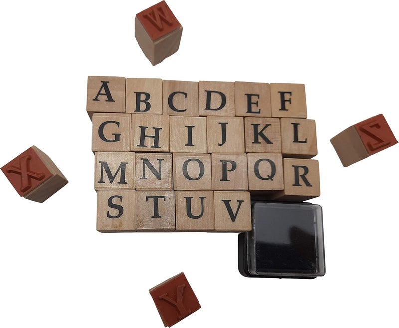 Oytra Stamps Wooden Capital Alphabet Letters Rubber Stamp with Ink Pad for Journaling journalling Black - Image 2