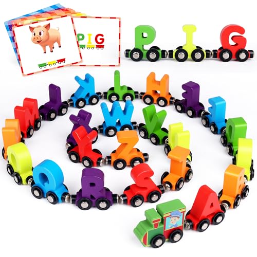 Helsort 27 PCS Magnetic Wooden Alphabet Train Set ABC Learning Toy with 42 Flash Cards 1 Engine and Storage Bag Educational Letter Toy Trains for Toddlers Boys Girls Ideal Gift for 37 Year Olds - Image 1