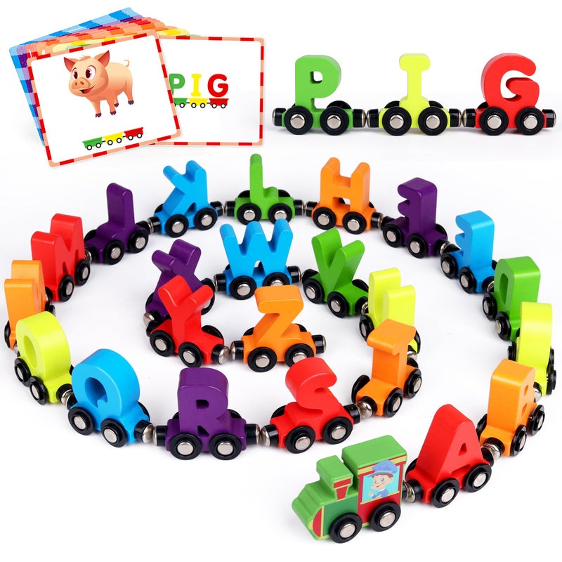 Helsort 27 PCS Magnetic Wooden Alphabet Train Set ABC Learning Toy with 42 Flash Cards 1 Engine and Storage Bag Educational Letter Toy Trains for Toddlers Boys Girls Ideal Gift for 37 Year Olds - Image 2