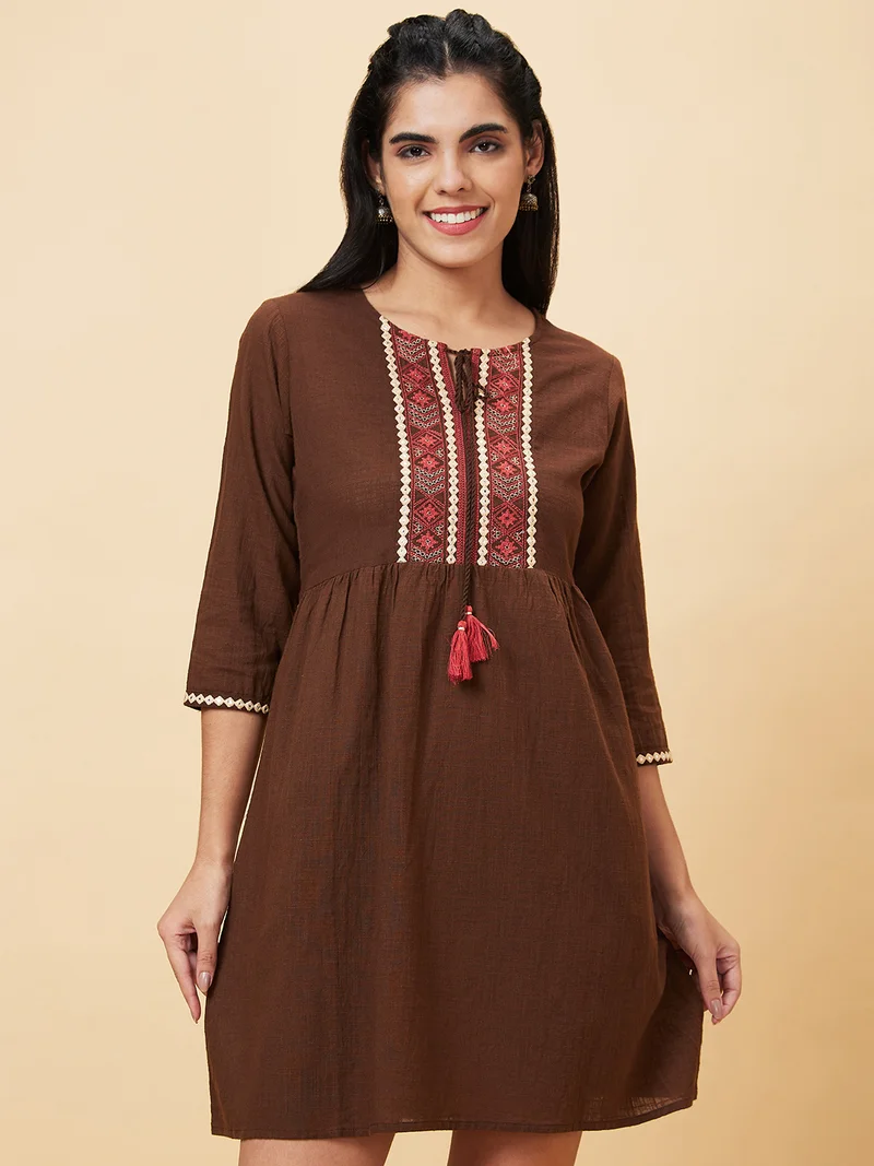 globus Globus Women Brown Tie-Up Neck Embroidered Cotton A-Line Dress