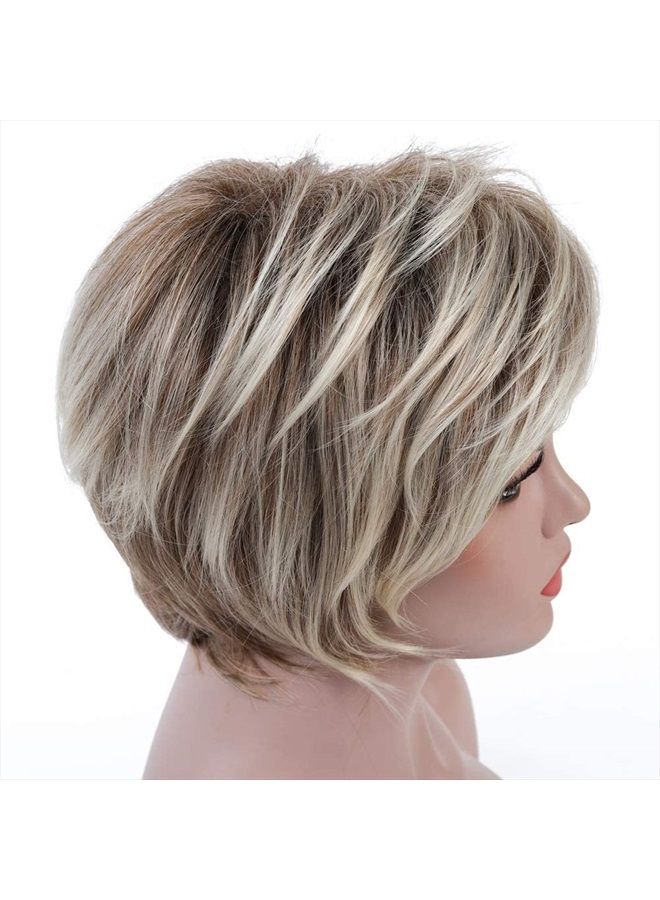 Rosastar Rosa Star Short Wig Ombre Brown Mixed Blonde Hair Wigs Natural Curly with Bangs Synthetic Hair Fibers Heat Resistant Full Wig for Women - Image 1