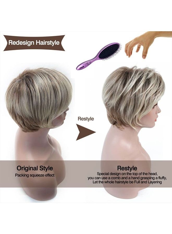 Rosastar Rosa Star Short Wig Ombre Brown Mixed Blonde Hair Wigs Natural Curly with Bangs Synthetic Hair Fibers Heat Resistant Full Wig for Women - Image 4