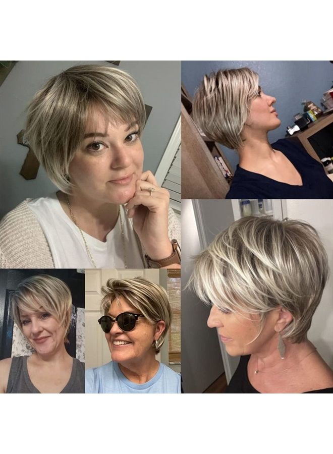 Rosastar Rosa Star Short Wig Ombre Brown Mixed Blonde Hair Wigs Natural Curly with Bangs Synthetic Hair Fibers Heat Resistant Full Wig for Women - Image 2