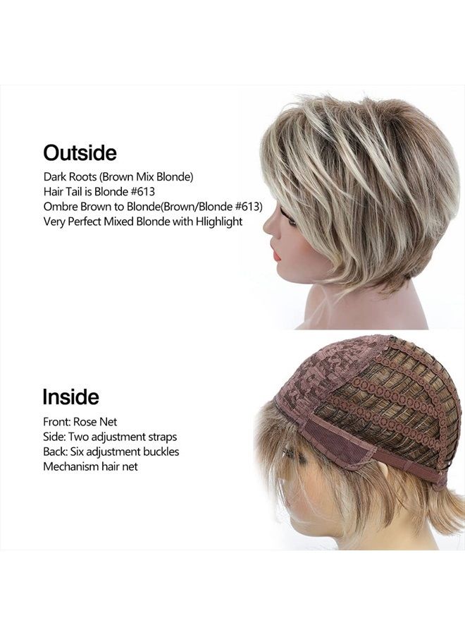 Rosastar Rosa Star Short Wig Ombre Brown Mixed Blonde Hair Wigs Natural Curly with Bangs Synthetic Hair Fibers Heat Resistant Full Wig for Women - Image 5