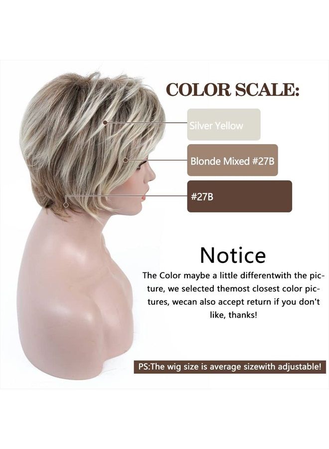 Rosastar Rosa Star Short Wig Ombre Brown Mixed Blonde Hair Wigs Natural Curly with Bangs Synthetic Hair Fibers Heat Resistant Full Wig for Women - Image 3