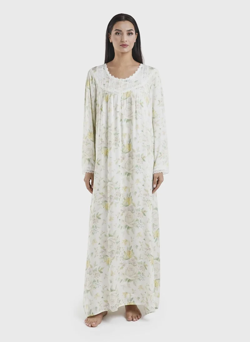 Kashkha Apple Green Viscose Floral Print Nightwear Dress (CNH443)