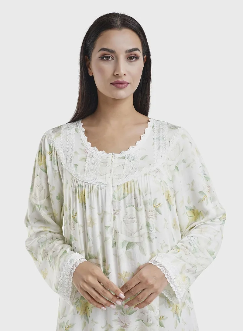 Kashkha Apple Green Viscose Floral Print Nightwear Dress (CNH443)