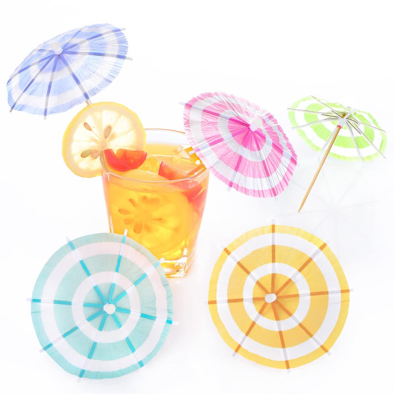 150 Pieces Drink Umbrellas Cocktail Picks Parasol Cocktail Umbrellas Sticks with Wood Toothpicks for Summer Hawaiian Cupcake Toppers Umbrella Handmade Sticks Party Decor Circular Stripes Style