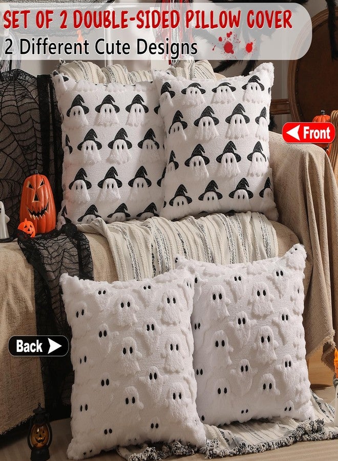 multiwins Halloween Decorations Set of 2 Double-Sided Halloween Pillow Covers 18" x 18", with 2 Different Looks, Cure White Ghost & Ghost with Hat, Plush Faux Fur Throw Pillow Covers for Home Decor - Image 2