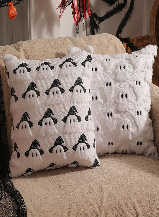 multiwins Halloween Decorations Set of 2 Double-Sided Halloween Pillow Covers 18" x 18", with 2 Different Looks, Cure White Ghost & Ghost with Hat, Plush Faux Fur Throw Pillow Covers for Home Decor - Image 1