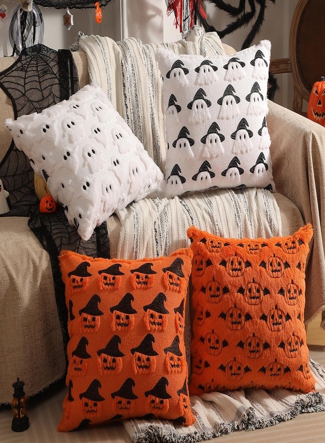 multiwins Halloween Decorations Set of 2 Double-Sided Halloween Pillow Covers 18" x 18", with 2 Different Looks, Cure White Ghost & Ghost with Hat, Plush Faux Fur Throw Pillow Covers for Home Decor - Image 4