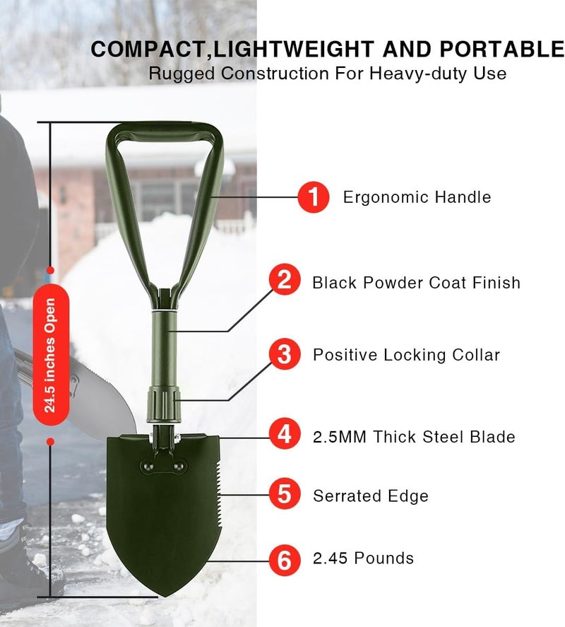 Behandy 24.5" Collapsible Shovel, Heavy Duty Foldable Shovel for Camping and Pickax, Military Entrenching Tool for Gardening, Camping, Digging Dirt, Sand, Mud&Snow, Off Road, Car Emergency kit - Image 3