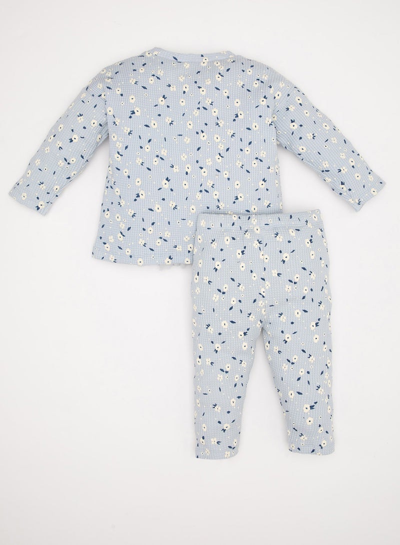 DeFacto Floral Long Sleeve T-Shirt With Elastic Waist Waffle 2-Piece Set - Image 1