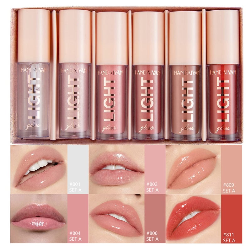 6PCS Lip Oil Light Lipgloss Set Moisturizing Hydrating Lip Glow Oil Lip Gloss Kit High Shine Lip Plumping Glass Finish Liquid Lipstick for Women Set A