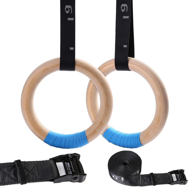YOELVN Wood Gymnastic Rings with Adjustable Number Suspension Trainer Straps with Cam Buckle 15ft Olympic Rings 32/28mm Heavy Duty 1543/992lbs for Pull Up Bar Workout Exercise Gym Hanging Rings Indoor - Image 2