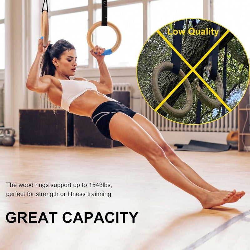YOELVN Wood Gymnastic Rings with Adjustable Number Suspension Trainer Straps with Cam Buckle 15ft Olympic Rings 32/28mm Heavy Duty 1543/992lbs for Pull Up Bar Workout Exercise Gym Hanging Rings Indoor - Image 5