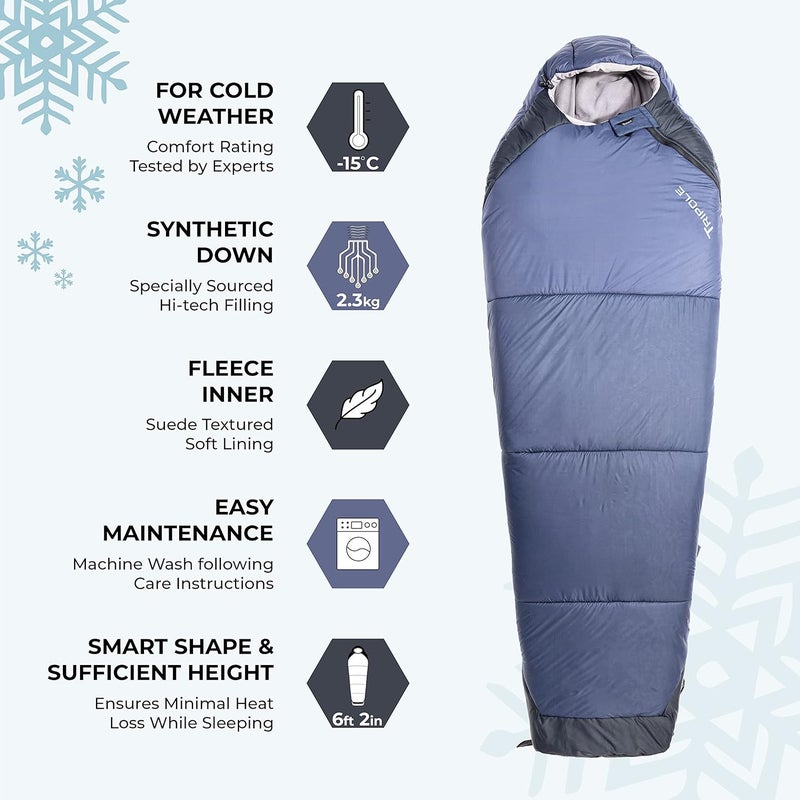TriPole Zanskar Army Sleeping Bag with Fleece Lining for Cold Weather Trekking and Travelling | 6'2" Height Mummy Shape | Water Repellent | 3 Year Warranty (-15 °C Blue) - Image 2