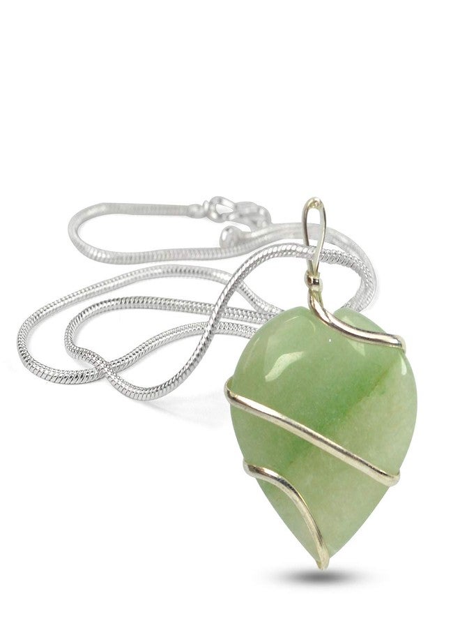 Crystu Green Jade Pendant Heart Wire Wrapped Crystal Stone Pendant/Locket with Metal Chain for Reiki Healing and Crystal Healing Gemstone Size 30-35 mm (Color : Green) - Image 1