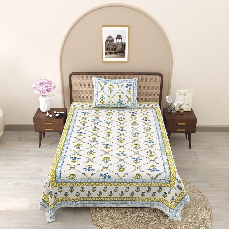 Jinaya's Jinayas 210 TC Floral Ethinic Print Single Bed Pure Cotton Bedsheet with 1 Pillow Cover 60x90 Inches Multicolour - Image 1