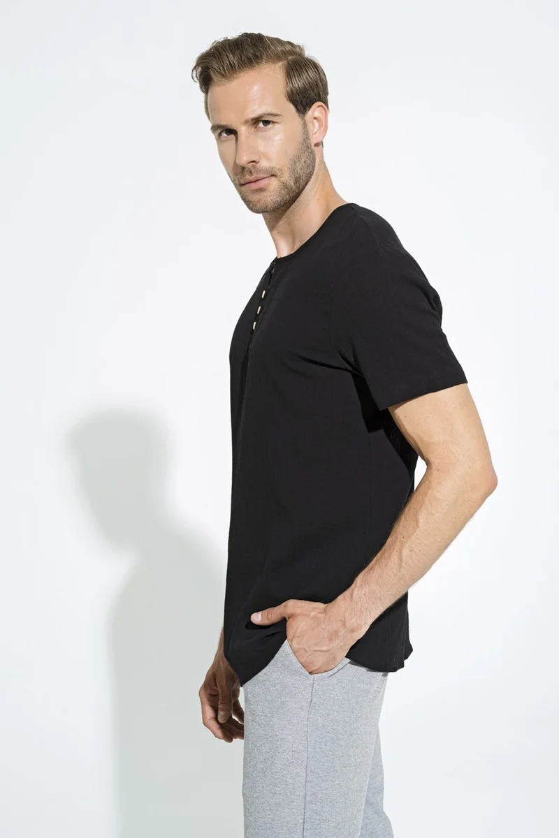 For You Man Organic 3 Button Short Sleeve Black Shirt S27056
