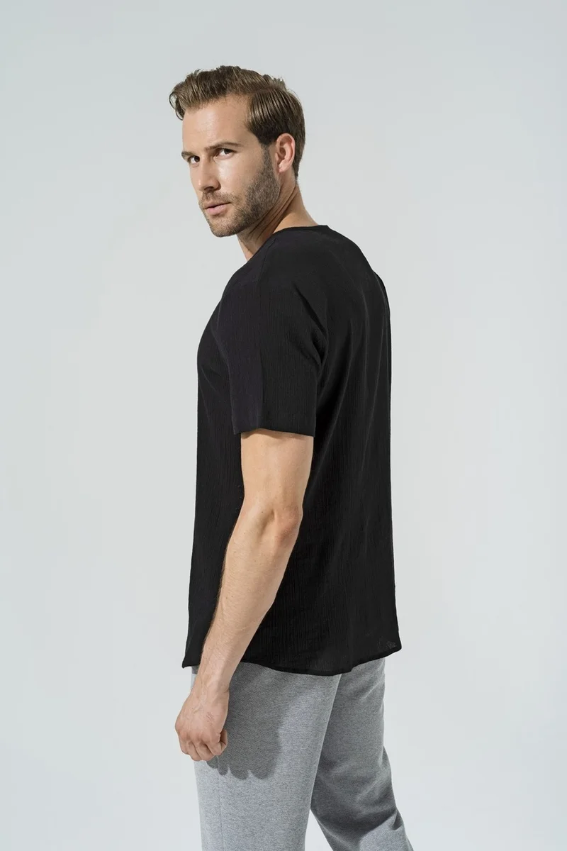 For You Man Organic 3 Button Short Sleeve Black Shirt S27056