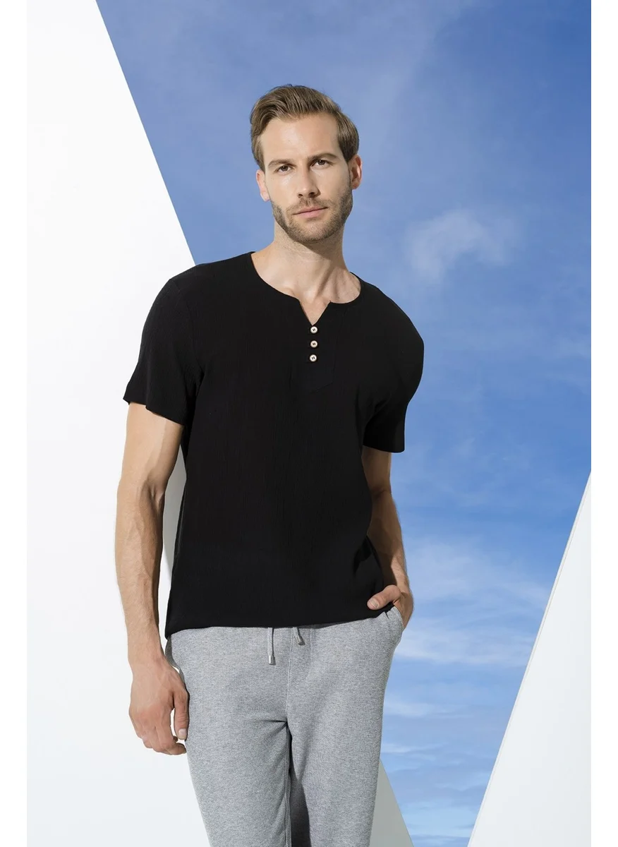 For You Man Organic 3 Button Short Sleeve Black Shirt S27056