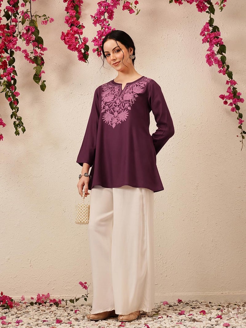 QAZMI Women's Fiza Kashmiri A-Line Wine Short Kurti_2XL - Image 4