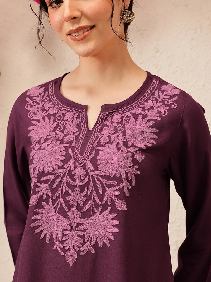 QAZMI Women's Fiza Kashmiri A-Line Wine Short Kurti_2XL - Image 5