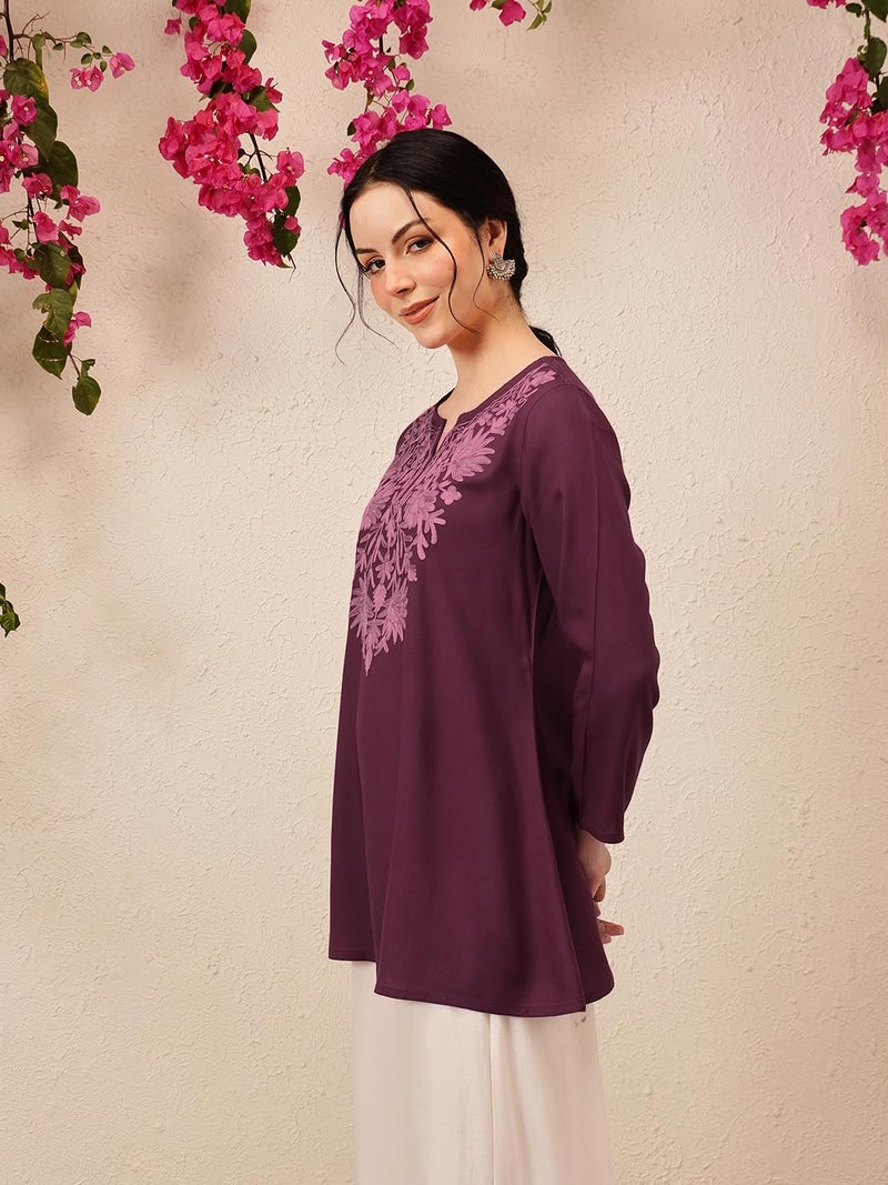 QAZMI Women's Fiza Kashmiri A-Line Wine Short Kurti_2XL - Image 3